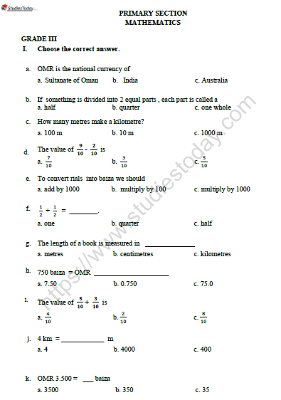maths worksheet of class 3